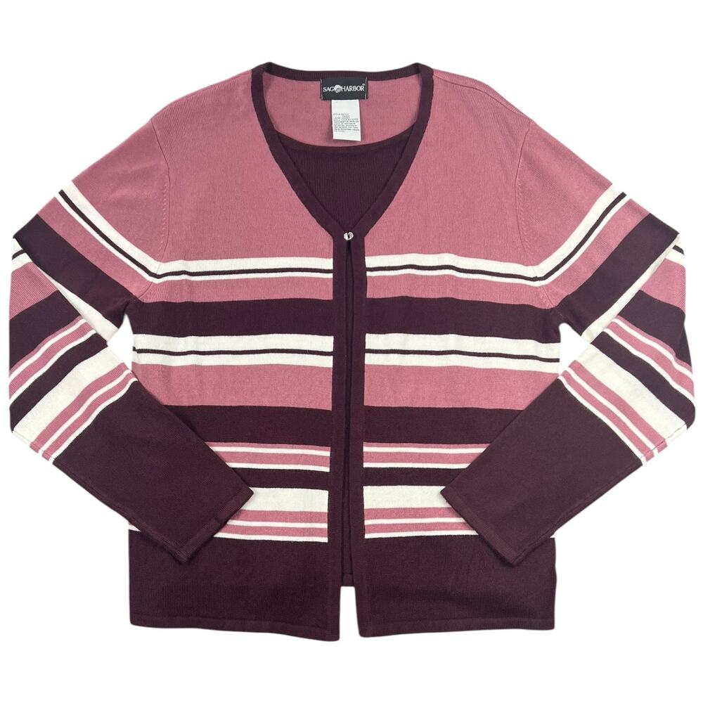 Vintage 90s Sag Harbor 2-in-1 Striped Cardigan Sweater Pink Burgundy Australia L